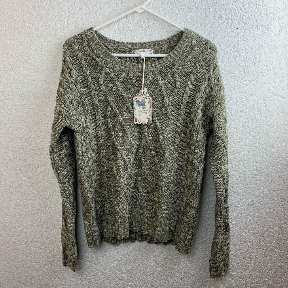 NWT Pink Rose Womens Taupe Cable Knit Sweater Size